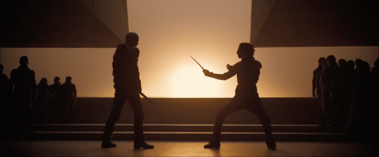 Paul Atreides and Feyd-Rautha face off in a duel in Dune: Part Two. 